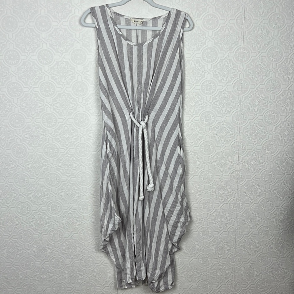 Luukaa 100% Linen Dress Tunic Sleeveless Lagenlook Tie Waist Stripes Light‎